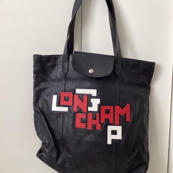 Longchamp Large Le Pliage Logo Leather Tote in Black - Picture 1 of 3